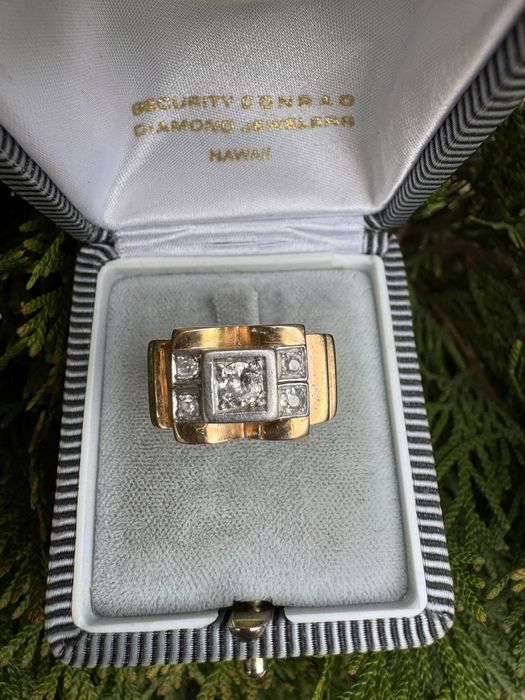 Inel model tank aur, platina si diamante