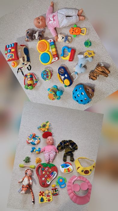 Lot mare jucării: bebeluși, sunete și lumini, pian animale, tobe, zornăitoare