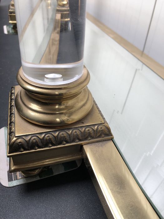 Mid century consola  lucite acryl bronz sticla