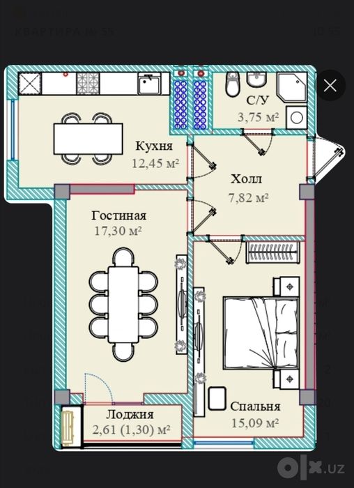 Квартира 2-х комнатная , 62 м², Б-блок
