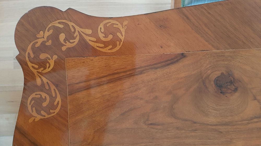 Set masa+6 scaune Biedermeier, radacina de nuc, reconditionat, an 1900