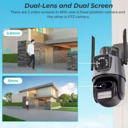Двойна външна въртяща WiFi AI камера 8MP с два обектива, ICSee, Черна