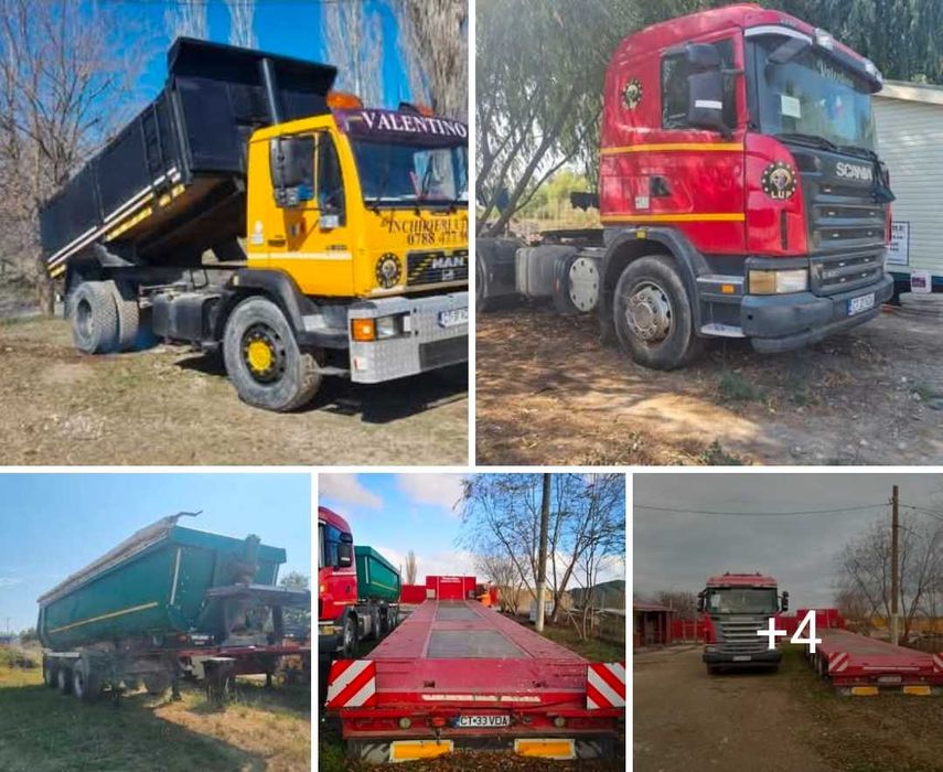 Basculanta Man remorca diverse utilaje.