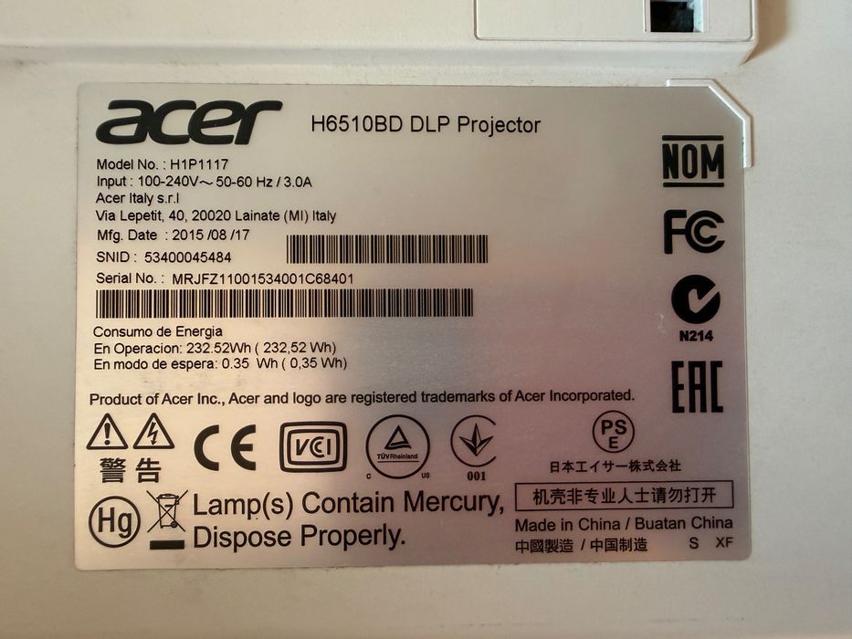 Acer H6510BD Full HD 3D DLP проектор + резервна лампа + таванна стойка