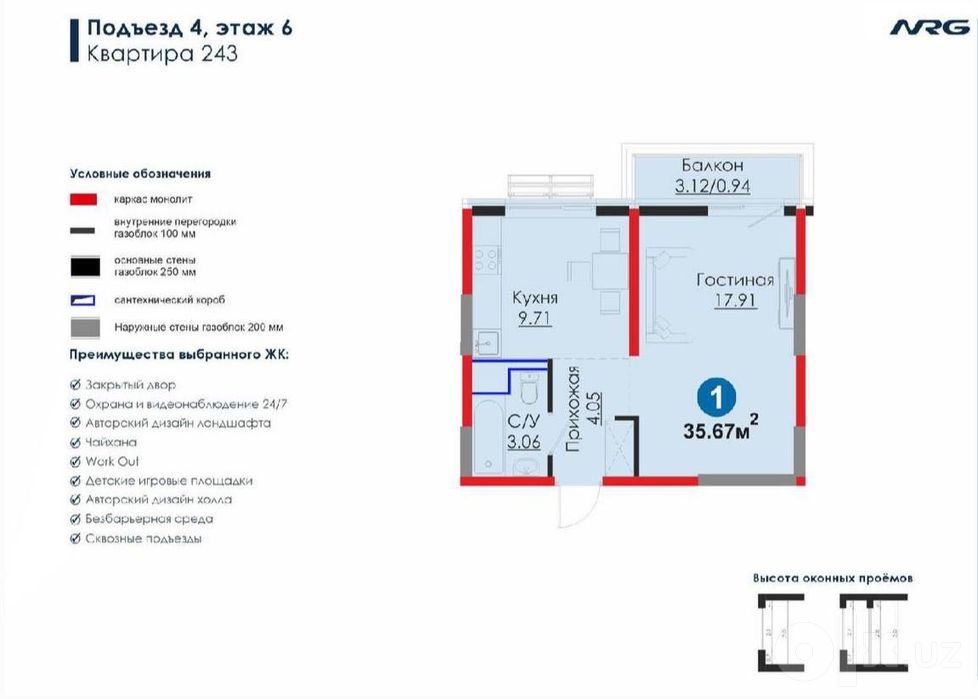 1-комнатная коробка 35.67 м²,  ЖК NRG Meros, ТЦ Альфраганус