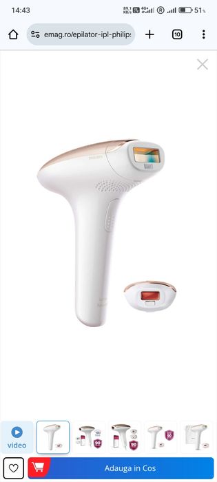 Epilator IPL Philips Lumea SC1997/00, 250.000 impulsuri, senzor piele,