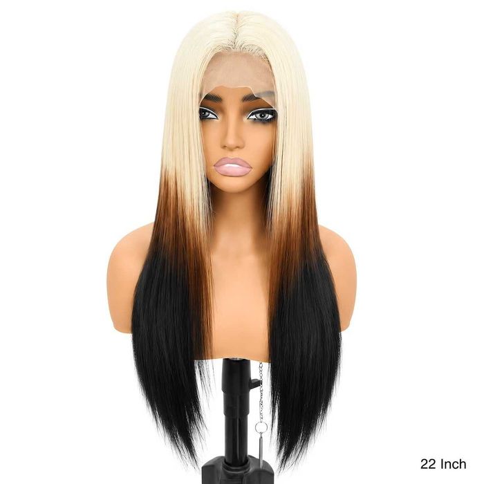 Ефектна русо към кафяво и черно омбре права перука 60 см –  Lace Front 13×4