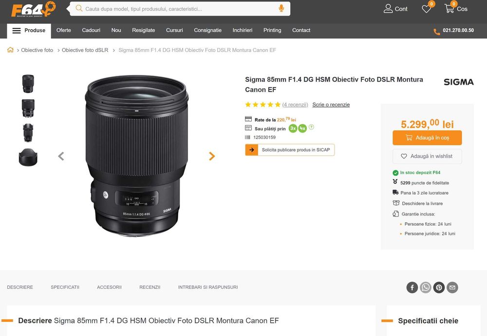 Obiectiv Sigma ART 85 mm f1.4 DG HSM - NIKON