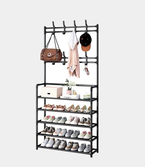 Металлическая вешалка с полками для обуви, 5 полок, 8 крючков
