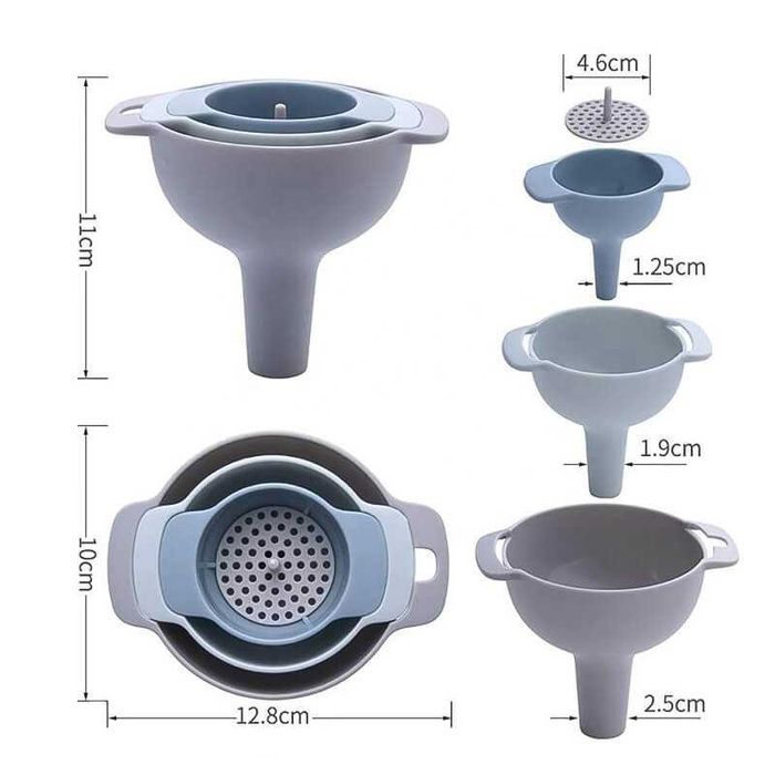 Комплект 3 фунии и 1 филтър за прецеждане, за течни и зърнести храни