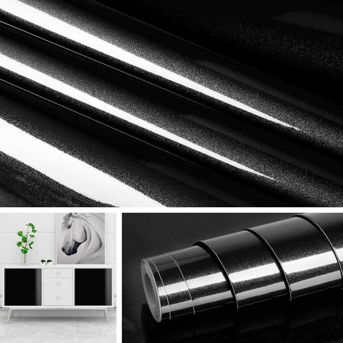 Folie autoadeziva neagra lucioasa 40x500 cm pentru mobila bucatarie rezistenta la apa PVC - LIVRARE GRATUITA !
