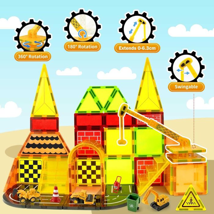 Детски строителни магнитни блокчета пътни части, 3 строителни камиони