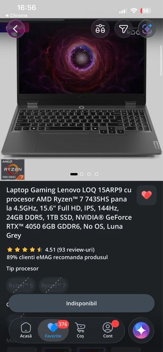 Laptop Lenovo LOQ gaming  15APR9 4050, 24 gb, ry 7 7435 HS.