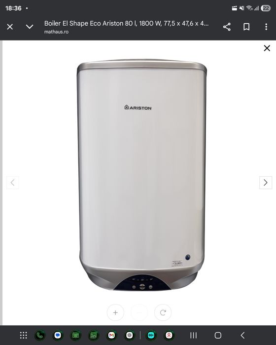 Boiler El Shape Eco Ariston 80 l, 1800 W, 77,5 x 47,6 x 48,9 cm