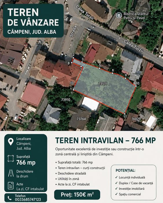 Teren intravilan de vânzare – 766 mp – Câmpeni, Jud. Alba – Zonă centrală