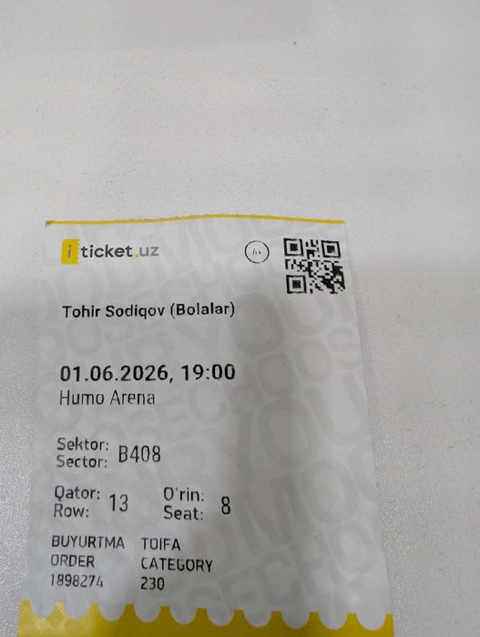 Tohir Sodiqov (Bolalar) konsertiga bilet 1 IYUN
