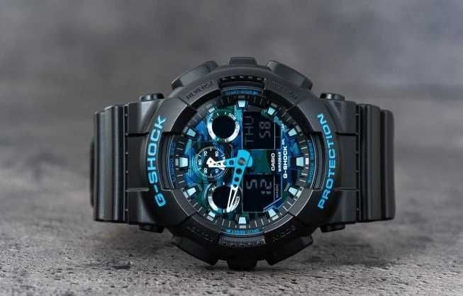 Ceas CASIO G-SHOCK GA-100 BLACK&BLUE-Negru Mat cu Albastru Nou 2025