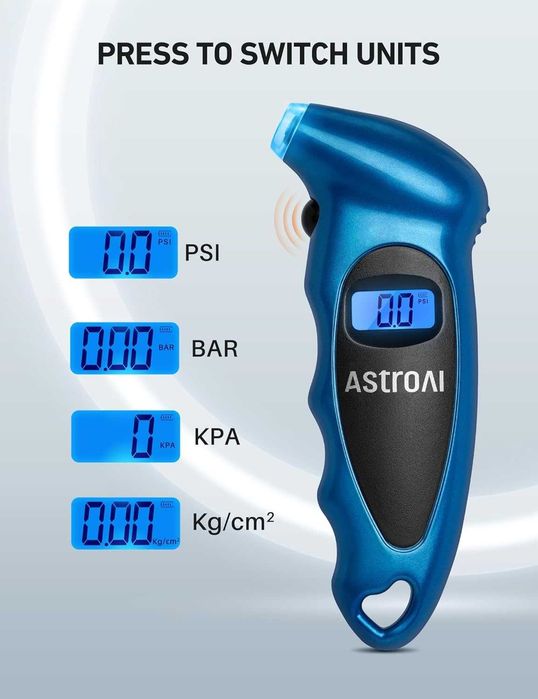 AstroAI Цифров манометър за гуми с 4 настройки и LCD дисплей