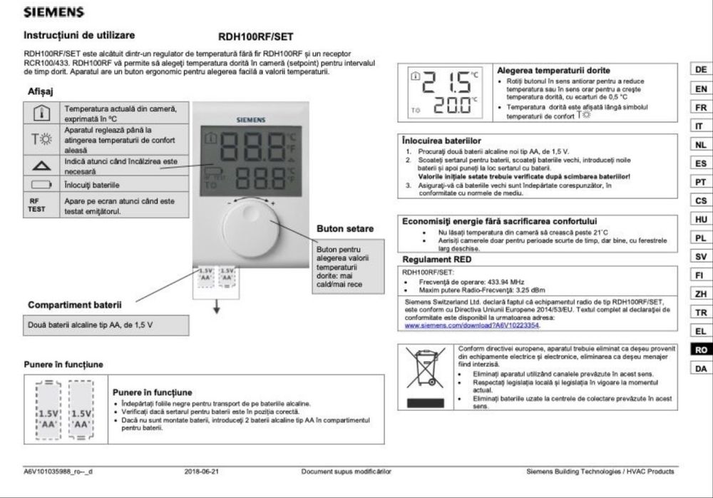 Termostat wireless Siemens RDH100-RF