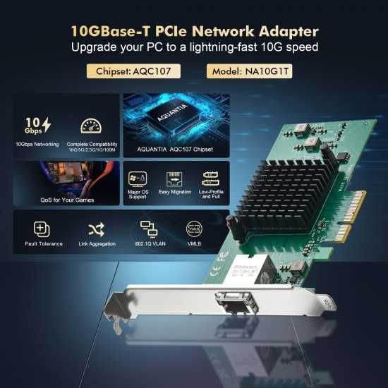 Placa rețea PCIe Ethernet Binardat 10G Gigabit LAN cip AQUANTIA AQC107