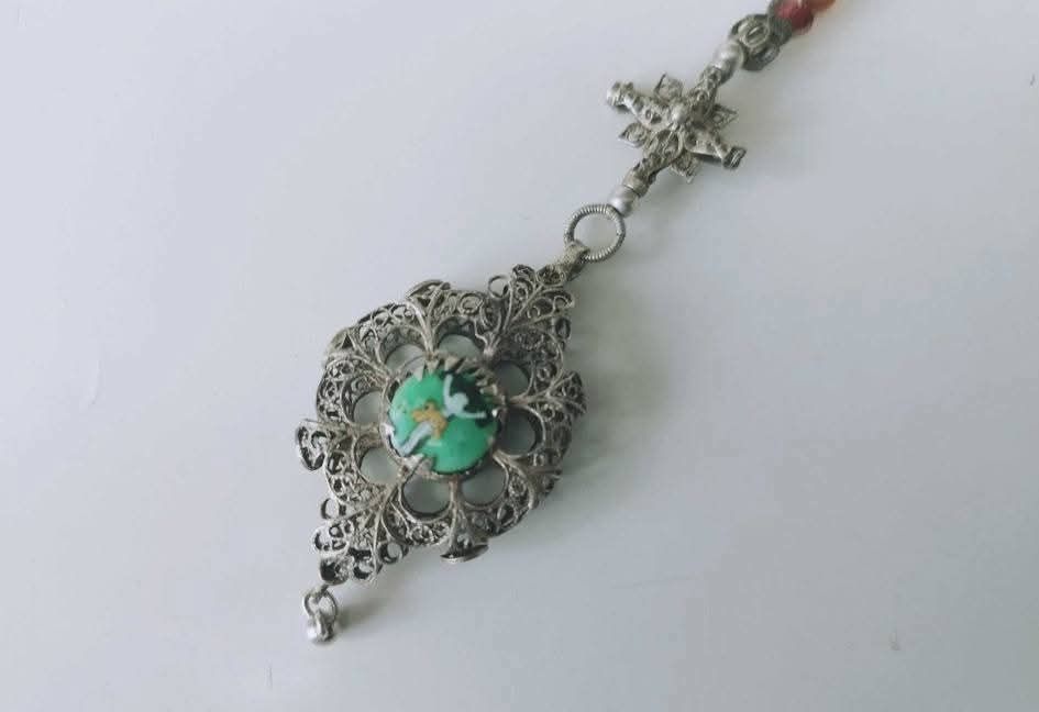 Vechi Rozariu de mana argint filigran cu pietre rosi , antic victorian