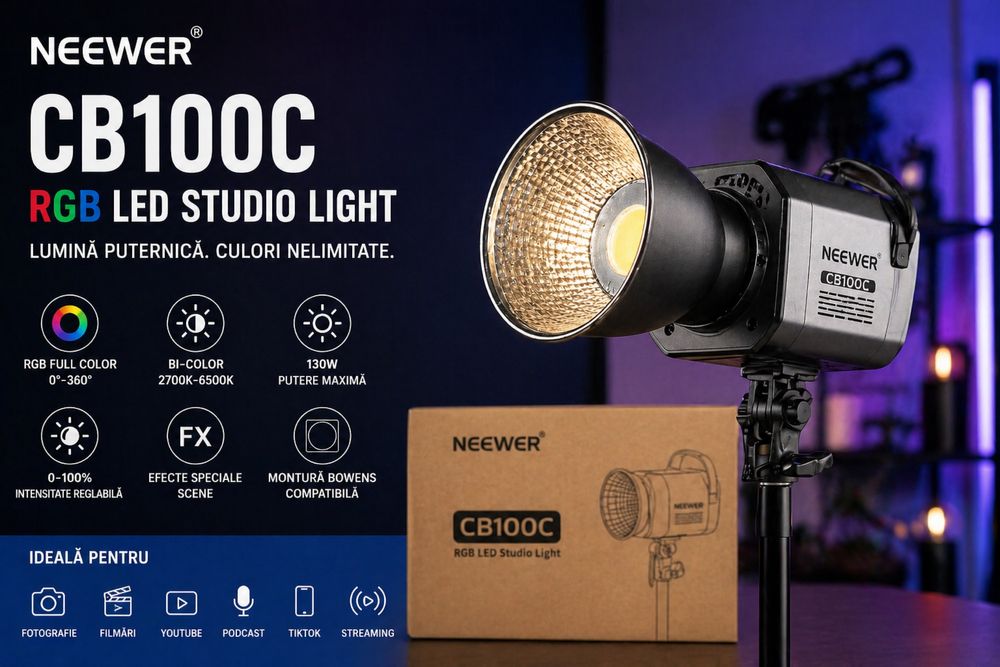 Lampă studio profesională NEEWER CB100C RGB LED – NOUĂ, în cutie