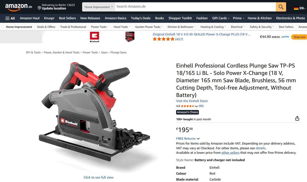 Fierăstrău vertical cu imersie Einhell Professional TP-PS 18/165 Li BL