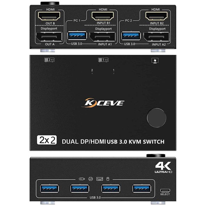 KCEVE DP HDMI USB 3.0 KVM превключвател за 2 компютъра и 2 монитора