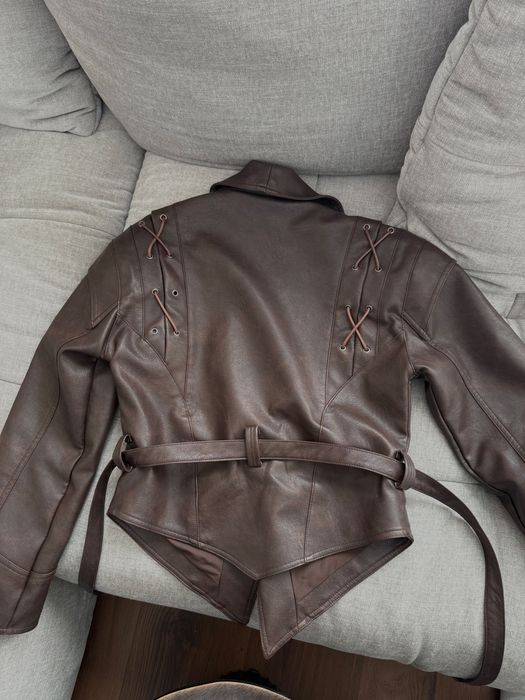 Geaca faux leather, maro, model cu snur marimea S