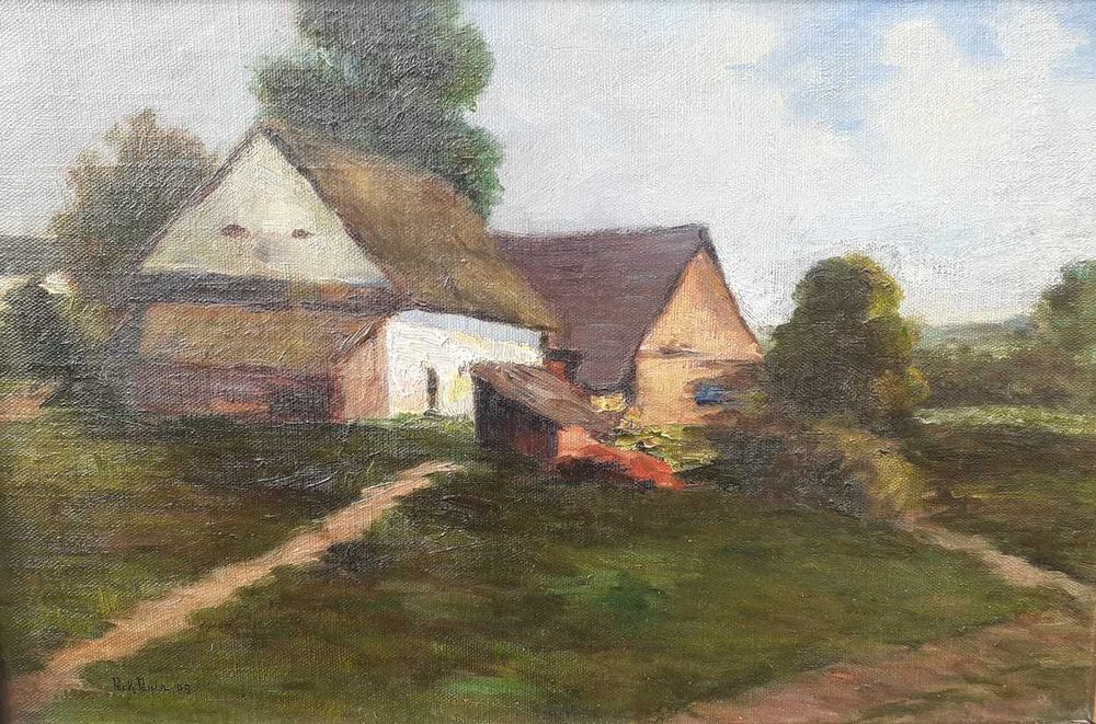 Tablou vechi 1909 - peisaj cu case -  semnat