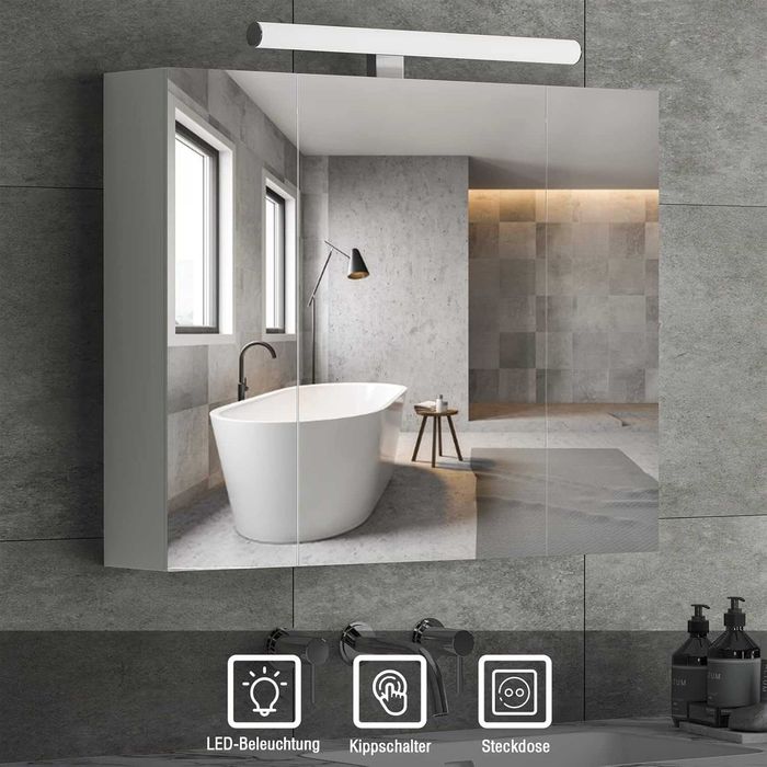 Шкаф за баня с огледало с LED осветление, контакт и ключ за светлина 70 x 15 x 60 см