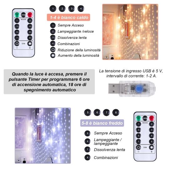 Instalație luminoasă 300 LED USB 3×3 m, cald + rece, telecomandă