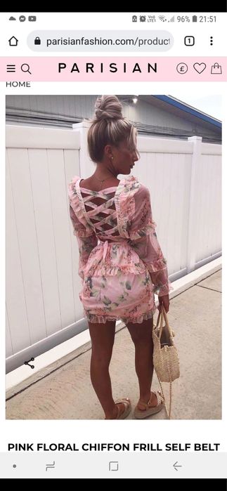 Розова рокля на цветя с връзки ХС