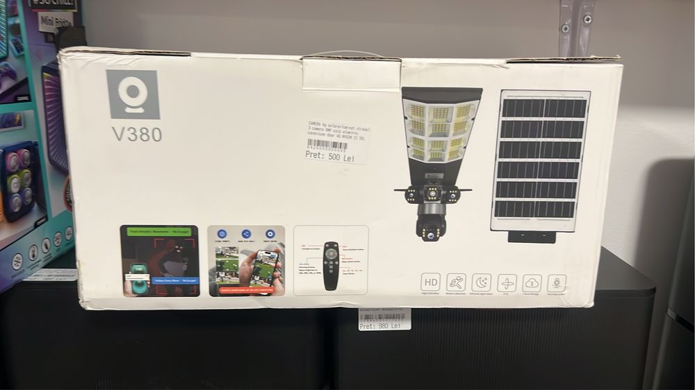 Cameră de supraveghere Solară 4G V380, proiector 450W, zoom optic X10, negru, card 32GB inclus