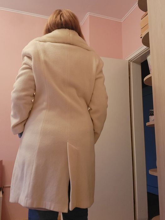 Макси Бяло Шампанско палто яке връхна дреха с пухена яка