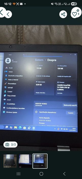 Laptop Lenovo 13, i3-7100, ram 8gb, ssd 128gb, bat 3h