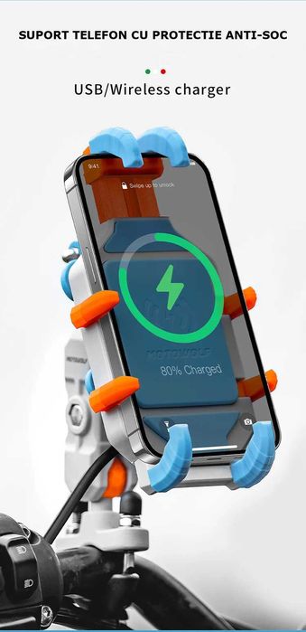 Suport Telefon Moto/atv antivibratii cu incarcare wireless si port Usb