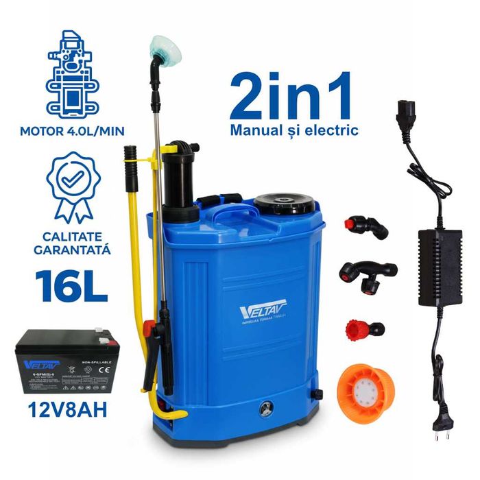 Pompa de stropit 16L 2 în 1, manuală și electrică,12V8Ah, debit 4l/min