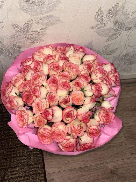 Розы 55 штук бело-розового цвета