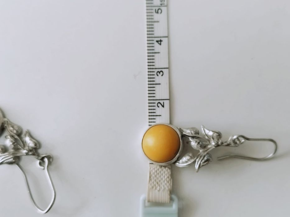 Vechi cercei din argint de 925, Art Nouveau, model floral si chihlimbar natural baltic galben, egg yolk, rar