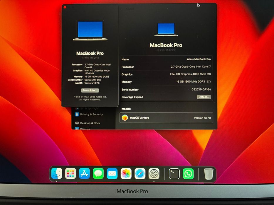 Vand MacBook Pro A1286 MID 2012 , i7 QUAD-CORE 2,7GHZ , 16GB RAM 1600 mhz, macOS VENTURA