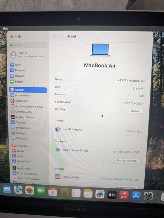 Лаптоп Macbook AIR 13 M1 2020 8GB 256GB SSD с добра батерия