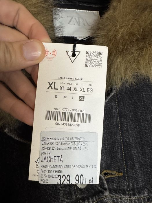 Geaca Zara, Barbati, XXL, Denim, cu blana la guler, Colectie 2026