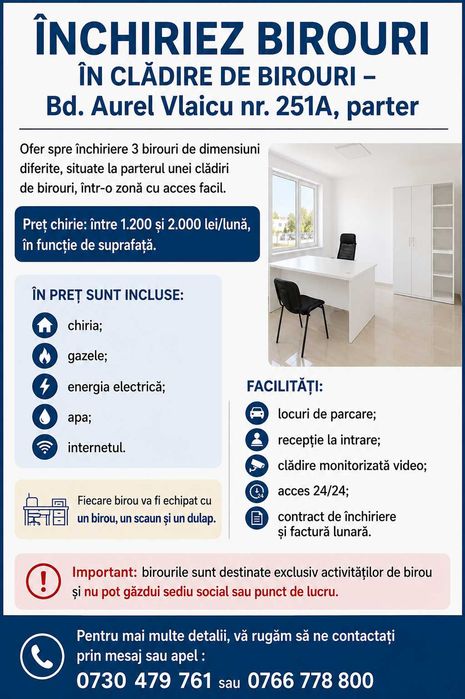 Închiriez birouri în clădire de birouri – Bd. Aurel Vlaicu nr. 251A, parter