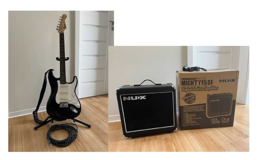 Пълен комплект Електрическа китара Jackson Squier bullet strat, Усилвател NUX Mighty15SE, стойка и кабел