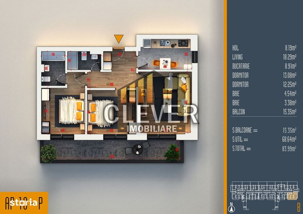 Apartament 3 camere decomandat | Balcon 15 mp - Pallady
