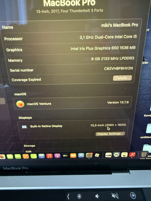 Macbook pro 13 2017 I5 3.1GHz 8 gb 256 gb SSD x4 Thunderbolt  ca nou