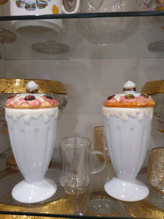 Винтажные стаканчики для мороженого сандей с крышками керамика