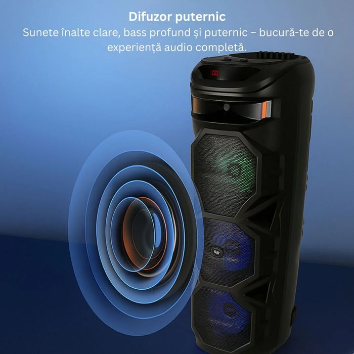 Boxa portabila blutooth cu 3 difuzore si microfon wireless si stik usb