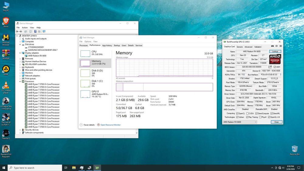 Unitate PC AMD Ryzen 7 3700X 32GB DDR4 3200MHz XFX RX 6600 8GB GDDR6